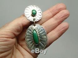 Vintage Navajo Signed WS VY Sterling 925 Concho Malachite Dangle Post Earrings