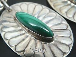 Vintage Navajo Signed WS VY Sterling 925 Concho Malachite Dangle Post Earrings