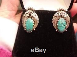 Vintage Navajo Stenich Turquoise Flower Blossom Sterling Silver Earrings