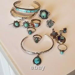 Vintage Navajo Sterling 6 Turquoise Rings Earrings 3 Bracelets 3 Lapis Necklace