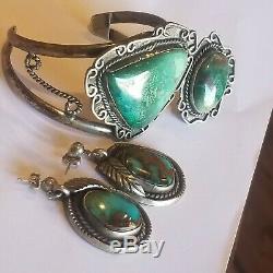 Vintage Navajo Sterling Silver 925 Turquoise Earrings Ring 7 3/4 Bracelet Set