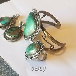 Vintage Navajo Sterling Silver 925 Turquoise Earrings Ring 7 3/4 Bracelet Set