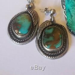 Vintage Navajo Sterling Silver 925 Turquoise Earrings Ring 7 3/4ths Bracelet Set