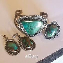Vintage Navajo Sterling Silver 925 Turquoise Earrings Ring 7 3/4ths Bracelet Set