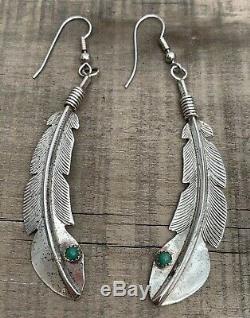 Vintage Navajo Sterling Silver And Turquoise Feather Earrings Stamped