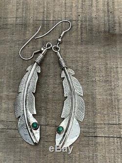 Vintage Navajo Sterling Silver And Turquoise Feather Earrings Stamped