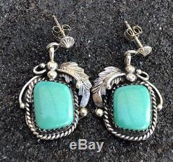 Vintage Navajo Sterling Silver Bisbee Turquoise Begay Dangle Leaf Earrings