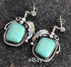 Vintage Navajo Sterling Silver Bisbee Turquoise Begay Dangle Leaf Earrings