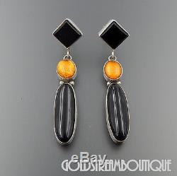 Vintage Navajo Sterling Silver Black Onyx Amber Dangle Long Post Modern Earrings