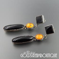 Vintage Navajo Sterling Silver Black Onyx Amber Dangle Long Post Modern Earrings