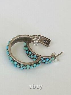 Vintage Navajo Sterling Silver Blue Turquoise Hoop Earrings