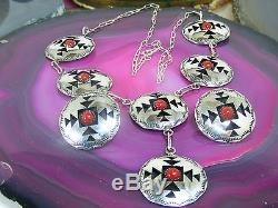 Vintage Navajo Sterling Silver Coral Shadow Box NECKLACE EARRING Set Sun Concho