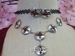 Vintage Navajo Sterling Silver Coral Shadow Box NECKLACE EARRING Set Sun Concho