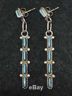 Vintage Navajo Sterling Silver Dangle Earrings Turquoise Needle Point 2'' Long