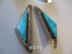 Vintage Navajo Sterling Silver Earrings Large Chunky Turquoise Tribal Stone 2