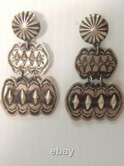 Vintage Navajo Sterling Silver Hand Stamped Sectional Earrings Xlnt Gift