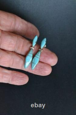 Vintage Navajo Sterling Silver Inlaid Turquoise 2 Tier Hinged Earrings Stamp SM
