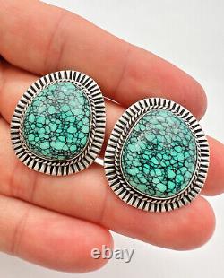 Vintage Navajo Sterling Silver Spiderweb #8 Number 8 Turquoise Clip Earrings