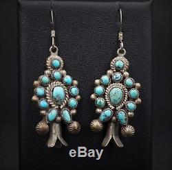 Vintage Navajo Sterling Silver Turquoise Squash Blossom Dangle Earrings ES1306
