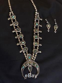 Vintage Navajo Sterling Silver & Turquoise Squash Blossom Necklace & Earrings