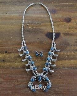 Vintage Navajo Sterling Silver Turquoise Squash Blossom Necklace and Earring Set