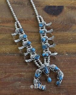 Vintage Navajo Sterling Silver Turquoise Squash Blossom Necklace and Earring Set
