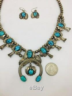 Vintage Navajo Sterling Turquoise Squash Blossom Necklace Naja Pendant +Earrings
