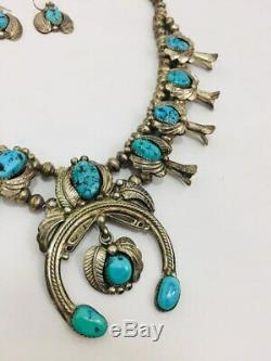 Vintage Navajo Sterling Turquoise Squash Blossom Necklace Naja Pendant +Earrings
