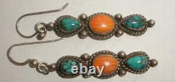 Vintage Navajo Sterling silver turquoise coral long earrings old pawn