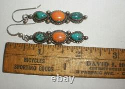 Vintage Navajo Sterling silver turquoise coral long earrings old pawn