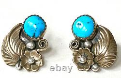 Vintage Navajo Turquoise Gold Vermeil Sterling Silver Flower Feather Earrings