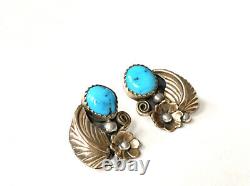 Vintage Navajo Turquoise Gold Vermeil Sterling Silver Flower Feather Earrings