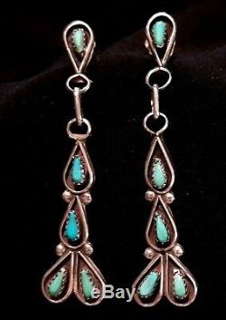 Vintage Navajo Turquoise & Sterling Silver LONG Dangle Drop Earrings 925 Pierced