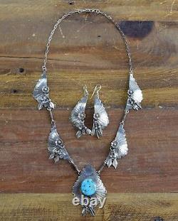 Vintage Navajo Turquoise Sterling Silver Necklace and Earrings Set