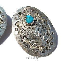 Vintage Navajo Turquoise Sterling Silver Stud Earrings Large Oval Etched Studs
