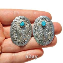 Vintage Navajo Turquoise Sterling Silver Stud Earrings Large Oval Etched Studs