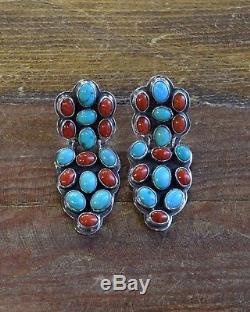 Vintage Navajo Turquoise and Coral Sterling Silver Earrings By Oscar Betz