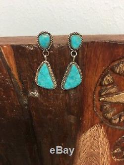 Vintage Navajo Two Stone Turquoise Rope Style Earrings 925 Sterling. Marked CJ
