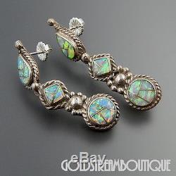 Vintage Navajo Zuni Sterling Silver Gilson Opal Inlay Dangle Post Earrings