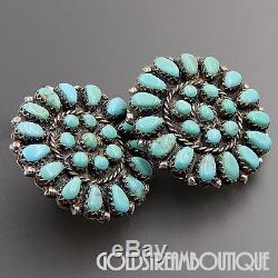 Vintage Navajo Zuni Sterling Silver Turquoise Petit Point Round Cluster Earrings