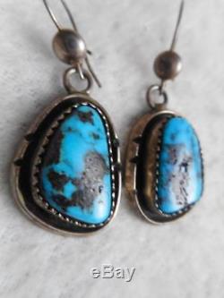 Vintage Navajo handmade sterling & Bisbee turquoise pierced dangle earrings