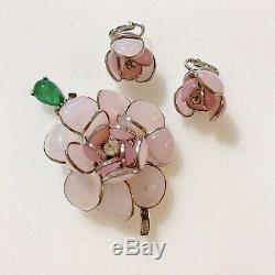 Vintage Nettie Rosenstein Sterling Pink Poured Glass Flower Brooch Earrings Set