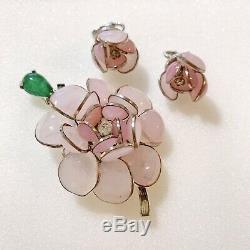 Vintage Nettie Rosenstein Sterling Pink Poured Glass Flower Brooch Earrings Set