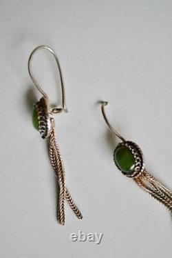 Vintage OLD Green Stone Sterling Silver Tassel Chain Earrings
