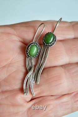 Vintage OLD Green Stone Sterling Silver Tassel Chain Earrings