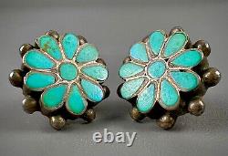 Vintage OLD Zuni Dishta Sterling Silver Turquoise Inlay Flower Post Earrings