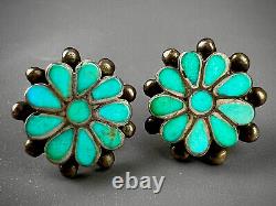 Vintage OLD Zuni Dishta Sterling Silver Turquoise Inlay Flower Post Earrings