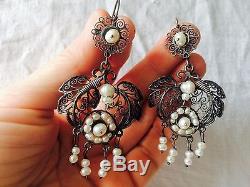 Vintage Oaxacan Filigree Earrings with Pearls. Sterling Silver. Mexico. Kahlo