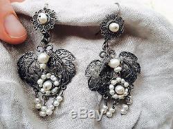 Vintage Oaxacan Filigree Earrings with Pearls. Sterling Silver. Mexico. Kahlo