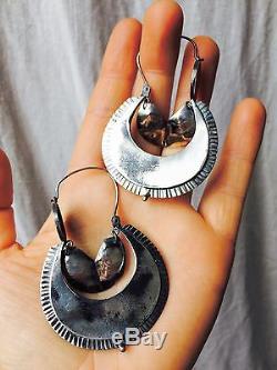 Vintage Oaxacan Silver Earrings Hoops. Sterling Silver. Mexico. Frida Kahlo